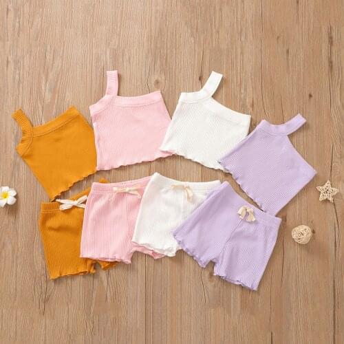 2 Pcs Newborn Baby Girl Clothes Knitted Outfits Baby Casual One Shoulder Tank Top + Tie Up Shorts Summer Clothing