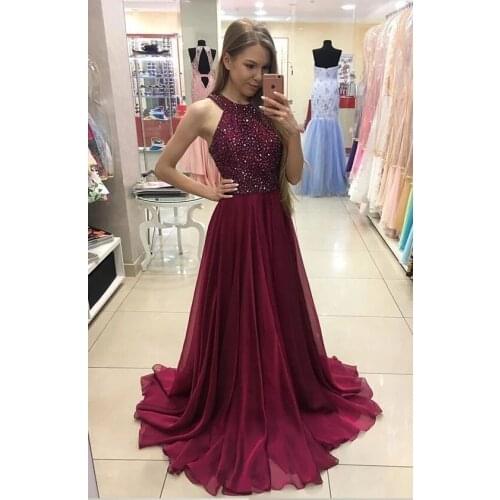 2021 Beaded Chiffon Prom Dress Sleeveless O Neck A Line Long Crystals Formal Evening Party Dress Robe De Soiree