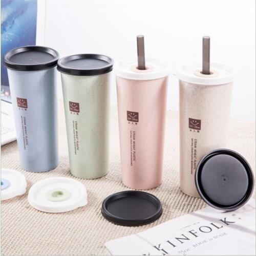 450ml Multifunctional Wheat Fiber Straw Beverage Coffee Cup Travel Mug Leakproof Environmental Protection Portable Double-layer