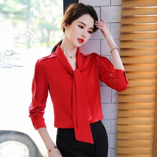 Elegant Red Long Sleeve Spring Summer Blouses Shirts Office Ladies Formal OL Styles Blouse Tops Clothes Female Clothing
