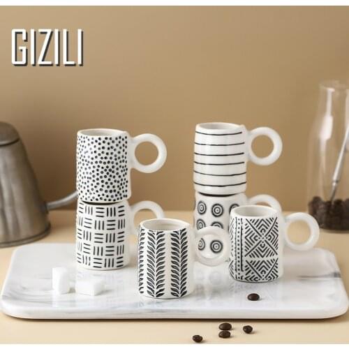 Hand-Painted Espresso Coffee Cup Nordic Ceramic Mini Mug Simple Italian Geometric Personality Trumpet Tea Milk Cups Home Decor