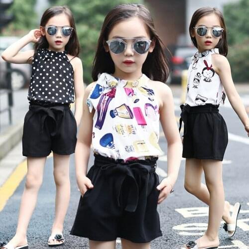 Girls Clothing Sets Chiffon Polka Dot Vests & Shorts 2 Pieces Summer Cartoon T-Shirts For Girls Kids Outfits 4 5 6 7 9 11 Years