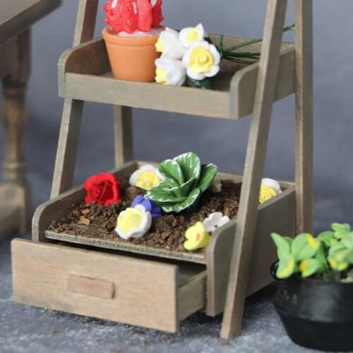 Dollhouse Drawer Flower Stand 3 Tier Wooden Shelf Model Toy Accessories