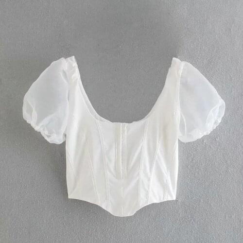 Merodi Women Vintage Square Collar Short Sleeve Summer White Short Blouse Ladies Fashion Back Zipper Slim Tops