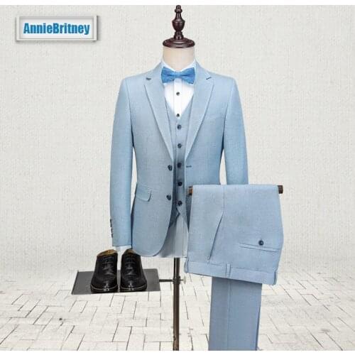 2017 Latest Coat Pant Designs Light Blue Linen Men Suit Slim Fit 3 Piece Tuxedo Custom Suits Groom Prom Blazer Terno Masculino