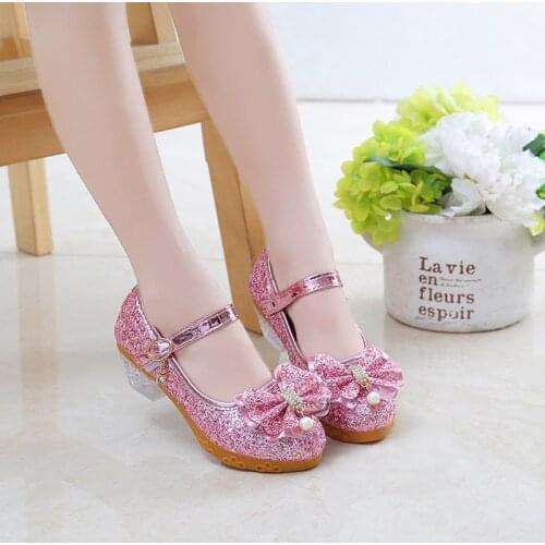 2021 New Childrens Leather Shoes Girls Crystal Princess Shoes High-heeled Shoes for Party Sweet Butterfly-knot Sequined Fashion
