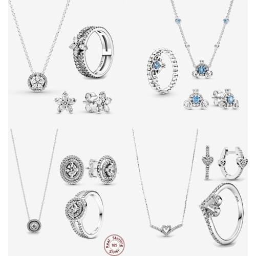 NEW 925 Silver Sparkling Double Halo Collier Necklace Ring Earrings 1set For Women Luxury Fashion Crystal Wedding Party Jewelry