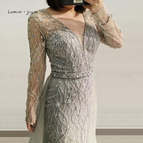 Dubai Luxury Grey Evening Dresses 2021 Long Sleeves V-Neck Diamond Beading Mermaid Formal Evening Gowns
