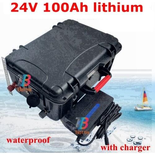 Waterproof 24V 100AH Lithium battery 100A BMS 200AH li-ion battery for 1500W 2000W RV EV scooter solar storage +10A Charger
