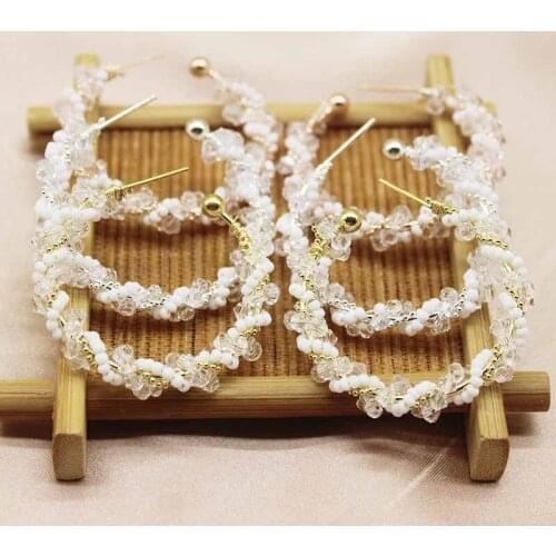 Zerong 3.5cm fashin twist crystal with beads earring silver C-shaped lady Earrings Jewelry Accessories party decoration