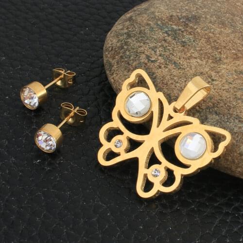 Fashion Butterfly Style Stainless Steel Jewelry Sets For Women Gold Color Pendants And Earrings SEUZBNBA