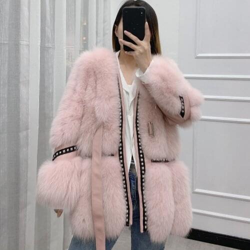 2020 New Winter Ladies Luxury Natural Fox Fur Sheepskin Patchwork Womens Jackets with Rivets Coat Multicolor outwear