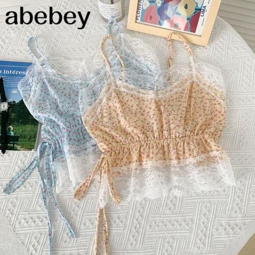 2021 New Summer Sweet V-neck sleeveless Cami Vest lace patchwork drawstring pleated waist Ruffles Cami Vest
