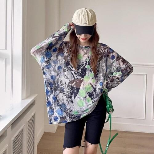 #4374 Spring Summer Sunscreen T Shirt Women Tie Dyed Printed T Shirt Femme Sexy Thin Mesh See Through T Shirt Loose Vintage