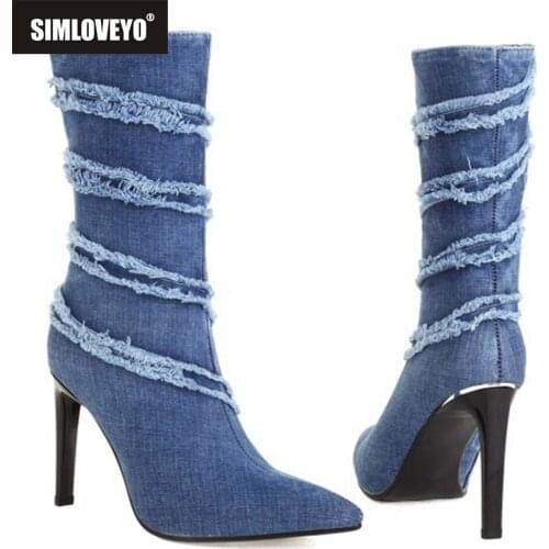 SIMLOVEYO 2021 Autumn Design Ripped Denim Ankle Boots Pointed Toe Stiletto High Heel Zip Fur inside Small Big Size 33-45 S2480