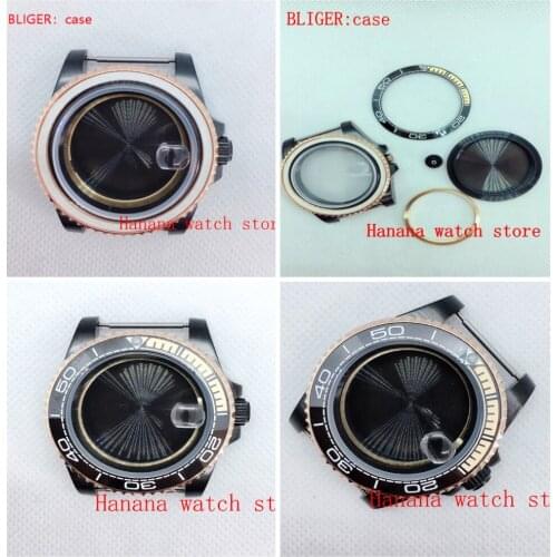 Bliger New 40mm black PVD stainless steel watch case sapphire glass fit ETA 2836 miyota 8215/8205/821A Mingzhu DG2813/ 3804 move