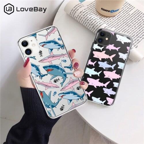Lovebay Cute Shark Pattern Letters Clear Phone Case For iPhone 11 12 Pro Max Mini X XR XS 8 7 6 Plus SE 2020 Soft TPU Back Cover