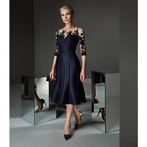 Black Evening Dresses A-line Jewel Tea length Applique Sleeveless Party Dresses Button high quality Fashion Party Gowns