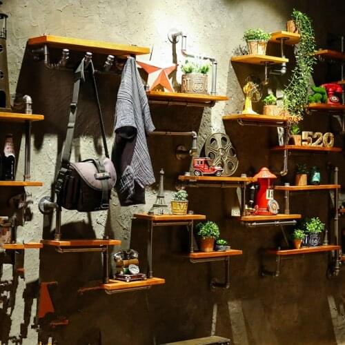 LOFT Industrial Style Decoration and Old Wrought Iron Pipe Wall Hanging Wall Shelf American Wall Solid Wood Laminate Bookshelf