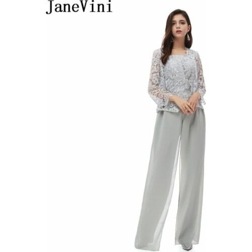 JaneVini Graceful Lace Chiffon Mother Of The Bride Dresses with Short Coat Long Sleeve Outfits Wedding Evening Formal Gowns 2020