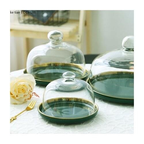 European emerald bread cake tray transparent glass cover 6 inch / 8 inch / 10 inch simple home fruit dessert dustproof plate