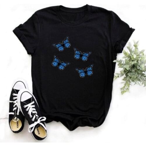 Mayos Lady Blue Butterfly Print T-shirt Lady Harajuku T-shirt Casual Fashion Lady T-shirt Female Top