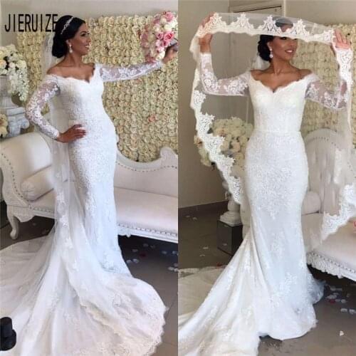 JIERUIZE Gorgeous Lace Mermaid Wedding Gowns V Neck Long Sleeve Lace Appliques Bridal Gown Wedding Dresses robe de mariee