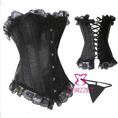 Classic Body Building Push Up Corselet Sexy Women Corsets And Bustiers Black Satin Front Bust Lacing Corset Top+ Thong S-2XL