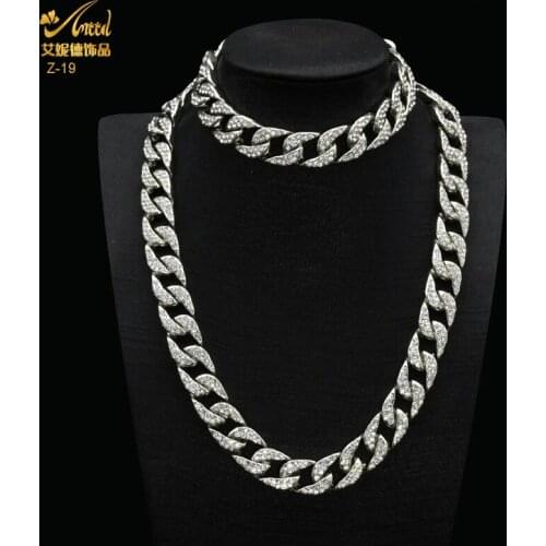 Hip Hop Jewelry Iced Out Chain Large Neck Necklace Cuban Link Chain Bling Miami Couple Bracelets Necklaces Set