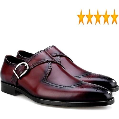 Leather British Style Business Genuine Mens Office Formal Footwear Pointed Buckle Strap Handmade Male Brogue Flats Dress Shoes