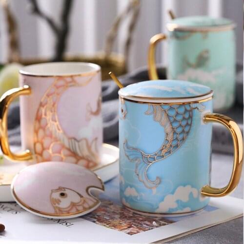 Creative Ceramic Mug Water Cup with Lid Spoon Cup Personality Trend Couple Men and Women Milk Coffee Living Room Home Tea Cup