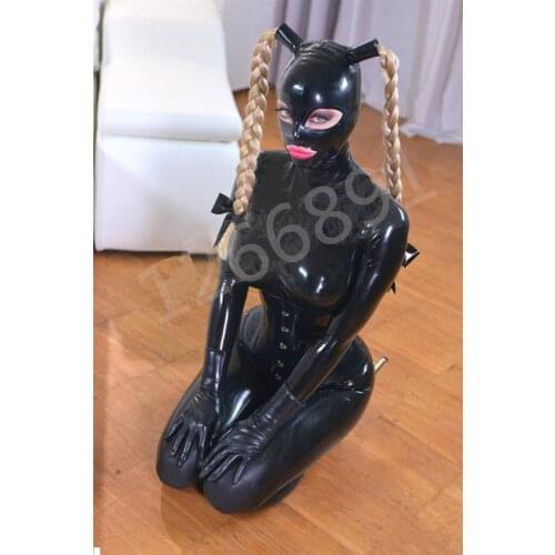 Latex Full Cover Bodysuit with socks and gloves and detachable ponytail Hood including Corset