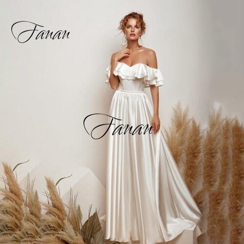 Sweetheart A-Line Wedding Dresses Ruffles Backless Lustrous Satin Off The Shoulder Bridal Gown robe de soirée de mariage платье