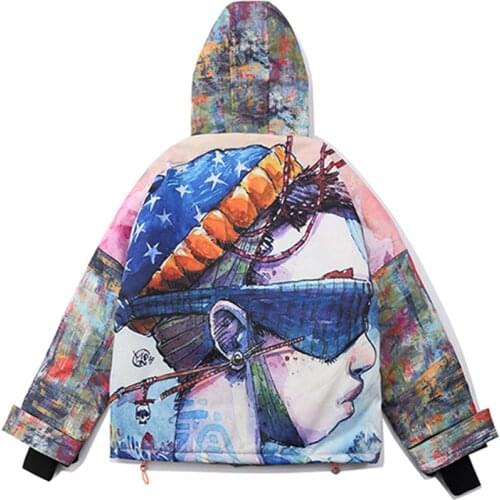 Men Winter Thicken Parkas High Street VintageWatercolor Painting Printed Zipper Jackets Harajuku Causal Oversized Loose Outwear