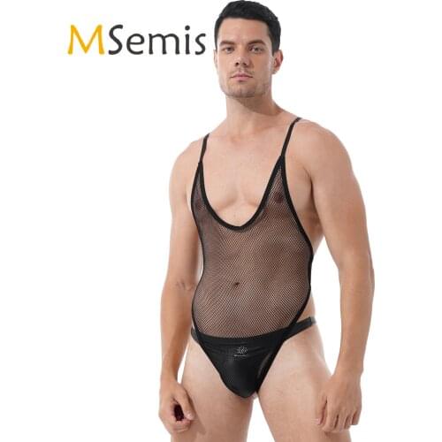 Mens Erotic Sexy Teddies Costume See-through Hollow Out Mesh Backless Bodysuit Scoop Neck Sleeveless Spaghetti Strap Nightwear