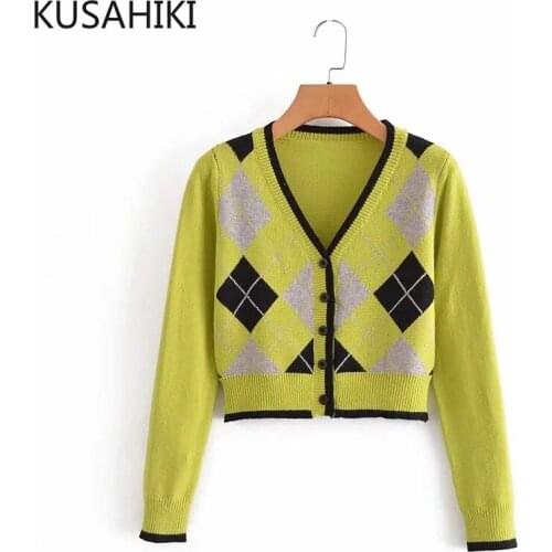 KUSAHIKI 2021 Autumn Winter New Knitwear Coat Korean Hit Color Plaid Slim Short Knitted Cardigan Sexy Slim Crop Sweaters 6K873