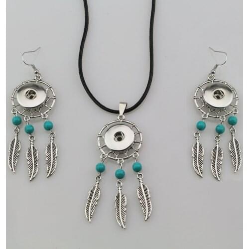 New fashion jewelry sets vintage Dream catcher drop dangle DIY 18mm button earring with Snap button necklace for women girls