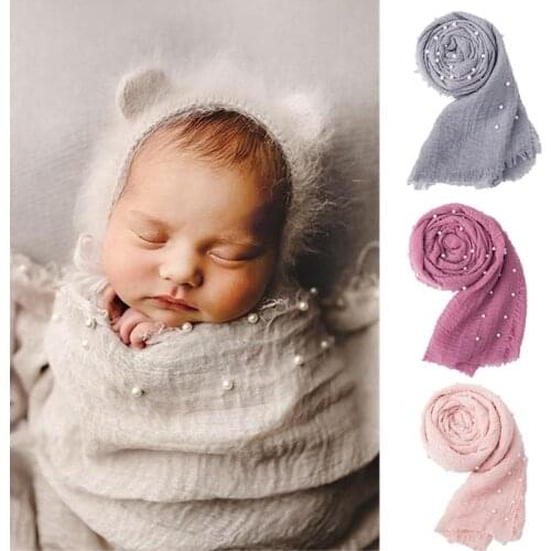 90x170cm Baby Wrap Newborn Photography Posing Swaddle With Pearls Soft Infant Cotton Linen Cloth Blanket Studio Photo Props