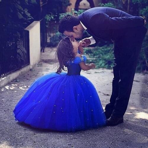 Off the Shoulder Royal Blue Bling Bling Ball Gowns Flower Girls Dresses For Wedding Little Children Kid First Communion Dresses