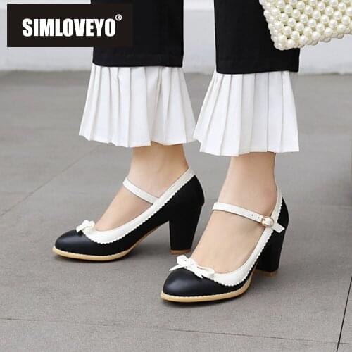 SIMLOVEYO New 2021 Ladies Pumps Round Toe 7cm Block Heels Faux Pig Leather Mary Jane Buckle Concise Bowtie Sweet Party S2134