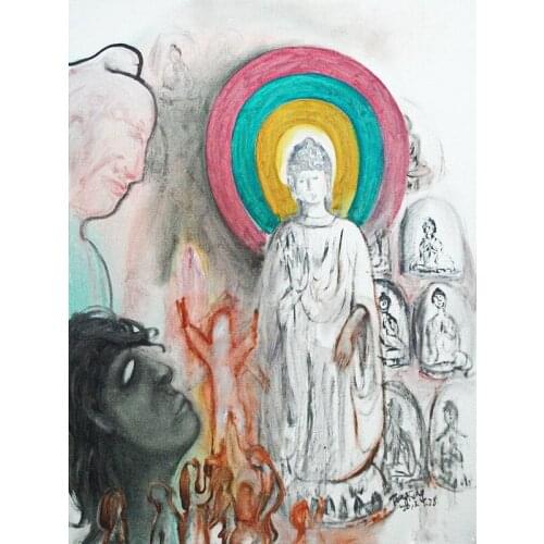 Modern handmade painting Buddha in grotto status on oil canvas for home decor and wallpaper