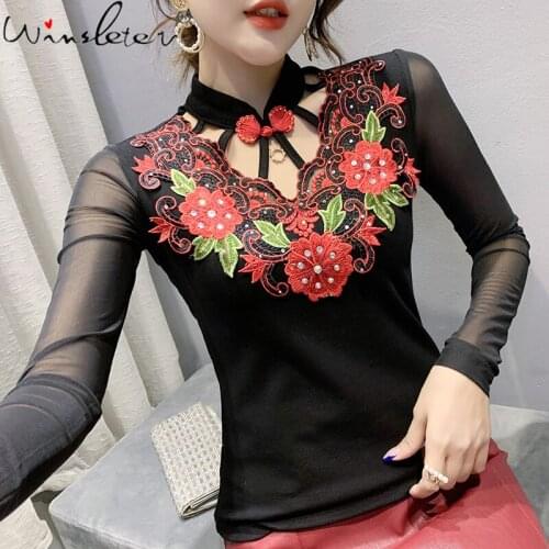 Spring National Style Cotton T-Shirt Sexy Spliced Mesh Hollow Out Embroidery Shiny Diamonds Women Tops Pullover Tees New T18402A