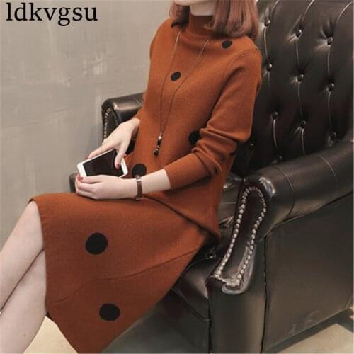 2020 Spring Winter New Korean Womens Polka Dot Long Sweater Pullover Autumn Loose Over the Knee Knitted Sweater Dress A1319