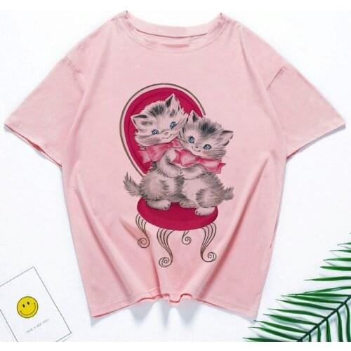 Two Cats Kawaii Graphic Print T-shirt Women Harajuku Aesthetic Pink Tops Tshirt Tee 2021 New Summer Fashion Y2k Female T Shirt