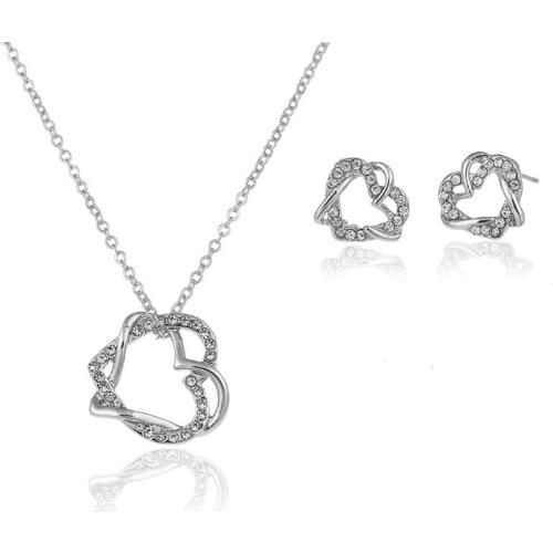Rose Gold Silver Color Jewelry Sets Heart Pendant Necklace Love Stud Earrings For Women Female Wedding Party