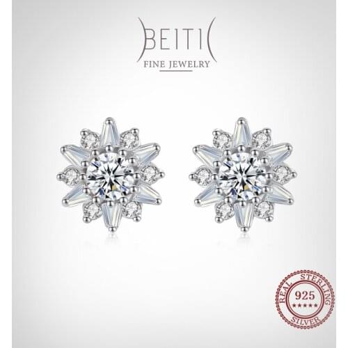 Beitil Genuine 925 Sterling Silver Dazzling Zircon Flower Shape Earrings For Women Romantic Wedding Fashion Jewelry