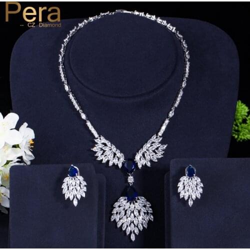 Pera Famous Brand Royal Wedding Jewelry Blue And White Cubic Zirconia Big Exaggerated Necklace And Earrings Sets For Women J090