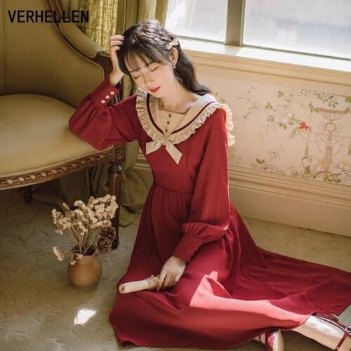 VERHELLEN Winter Dress Women 2020 New Fungus Doll Collar Cute Long-Sleeved Dress Fmale Bow Sweet Literary Dress Women Autumn