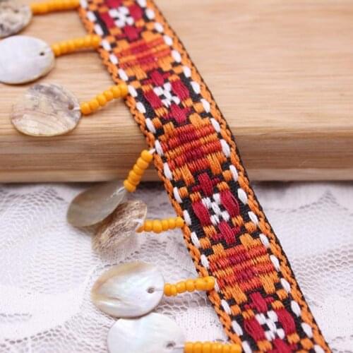1Yards/Lot Vintage Shell Handmade Beaded Lace Copper Tassel Trim Lace Ribbon Bohemian Silk Tassel Fringe Trim Handmade Sewing