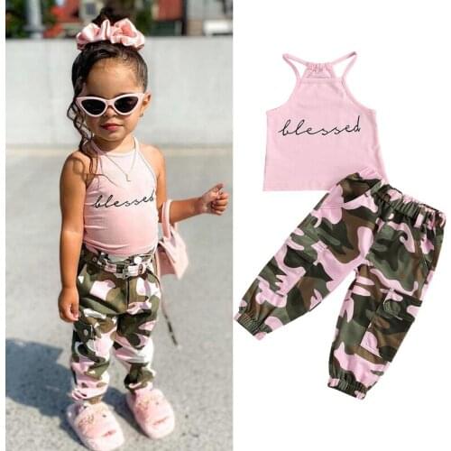 2Pcs Fashion Kids Girls Clothes Set Halter Sleeveless Letter Vest Tops Camouflage Printed Long Cargo Pants Summer Clothing 1-6Y